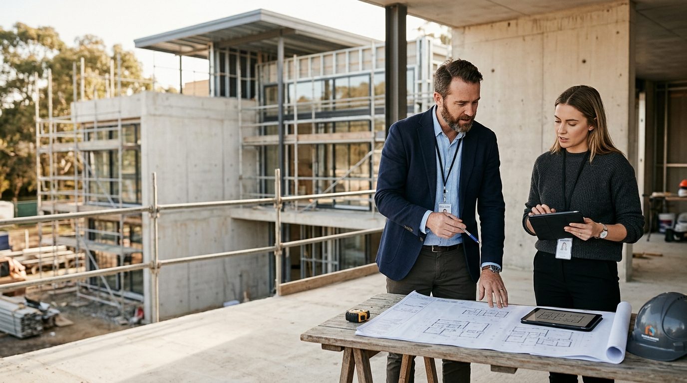 Equipo técnico de Actividades CN revisando planos en obra
